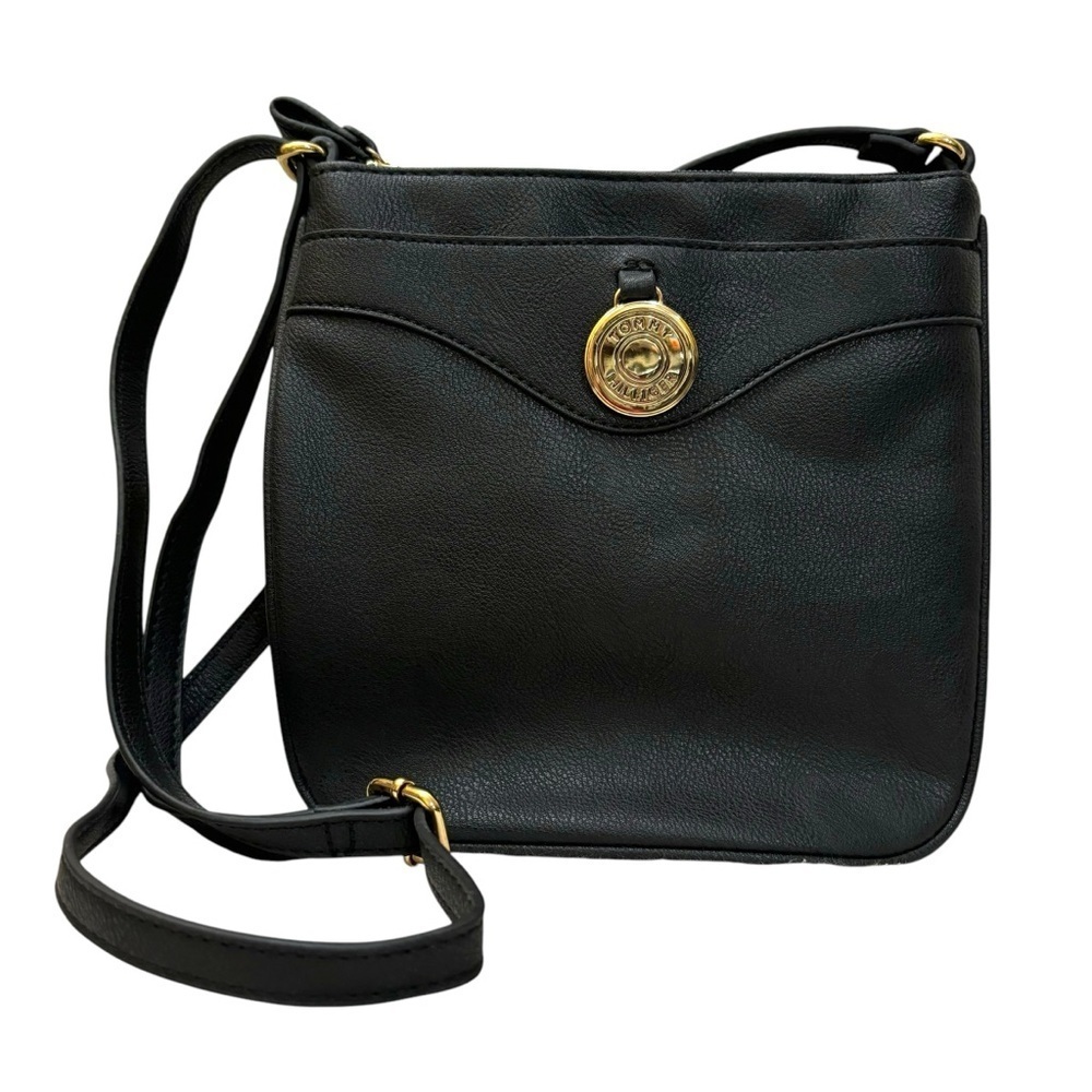 Tommy Hilfiger crossbody purse black faux leather gold metal trim zip top bag